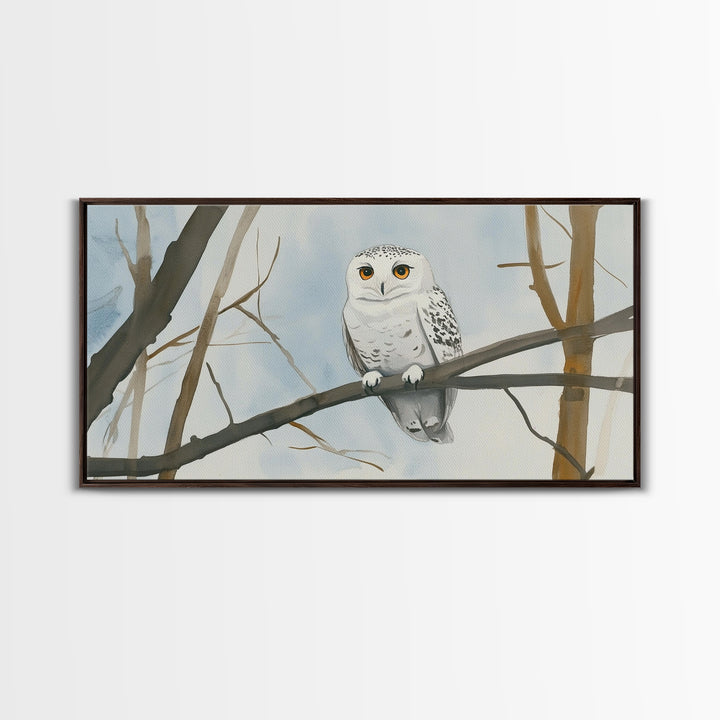 Snowy Owl On Winter Branch Canvas Print, Woodland Wildlife Wall Art, Neutral Nursery Animal Art, Scandinavian Office Decor
