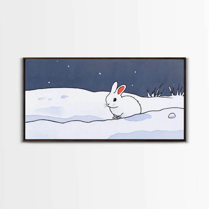 Little White Rabbit In Snow Canvas Print, Minimal Winter Wall Art, Nursery Animal Art, Scandinavian Kids Room Decor Gift