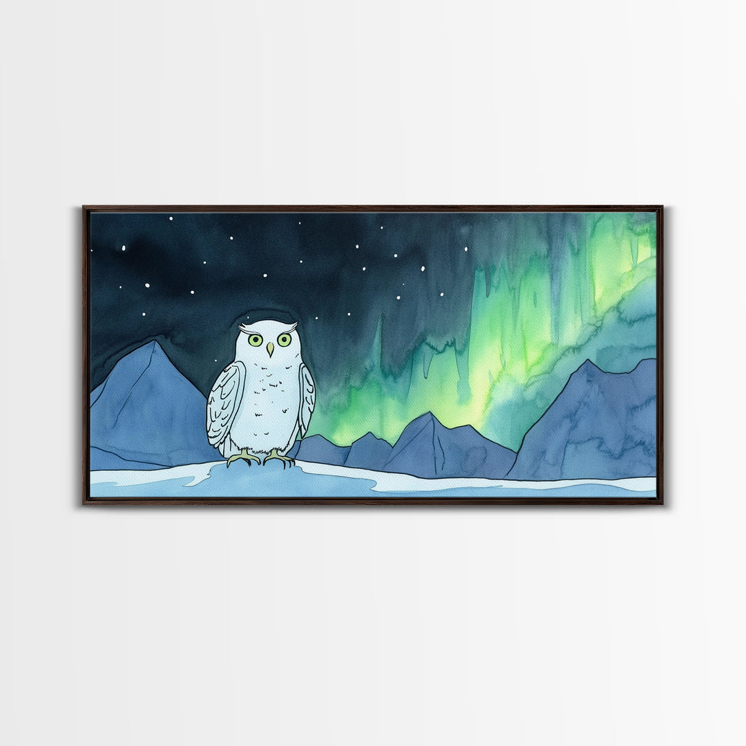 Snowy Owl Northern Lights Canvas Print, Aurora Mountain Wall Art, Whimsical Wildlife Art, Nursery Kids Room Decor Gift For Her