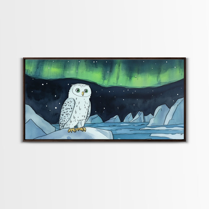 Snowy Owl Under Northern Lights Framed Canvas Print, Aurora Borealis Wall Decor, Arctic Wildlife Nursery Or Cabin Art Gift
