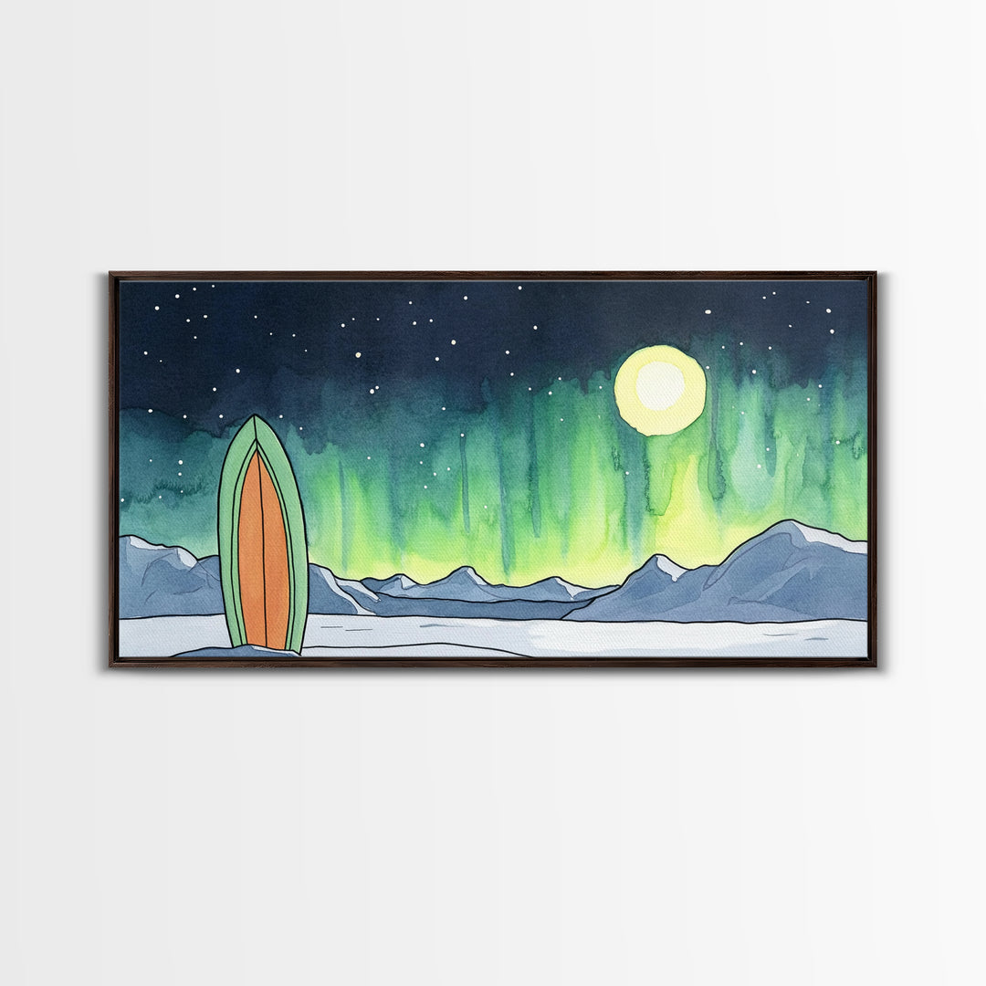 Surfboard Under Northern Lights Framed Canvas Print, Aurora Mountain Wall Art, Coastal Adventure Decor For Bedroom Or Beach House Decor