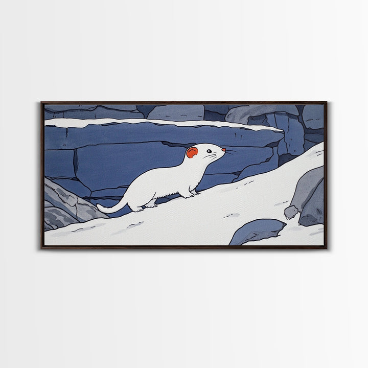 White Weasel On Snowy Rocks Canvas Print, Arctic Animal Wall Decor, Winter Wildlife Art Print, Rustic Nursery Home Decor