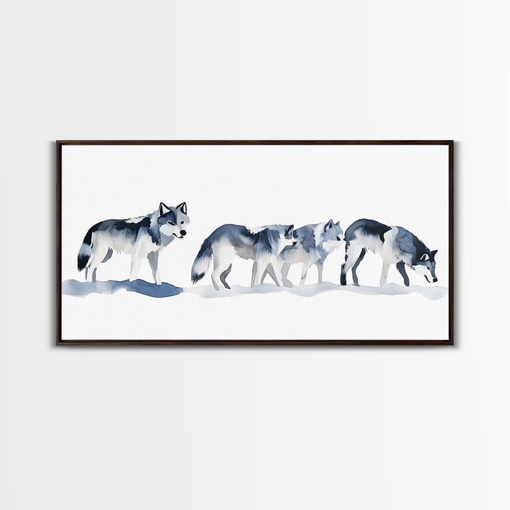 Walking Wolf Pack In Snow Framed Canvas Print, Watercolor Wildlife Wall Art, Rustic Cabin Decor, Winter Animal Art Print