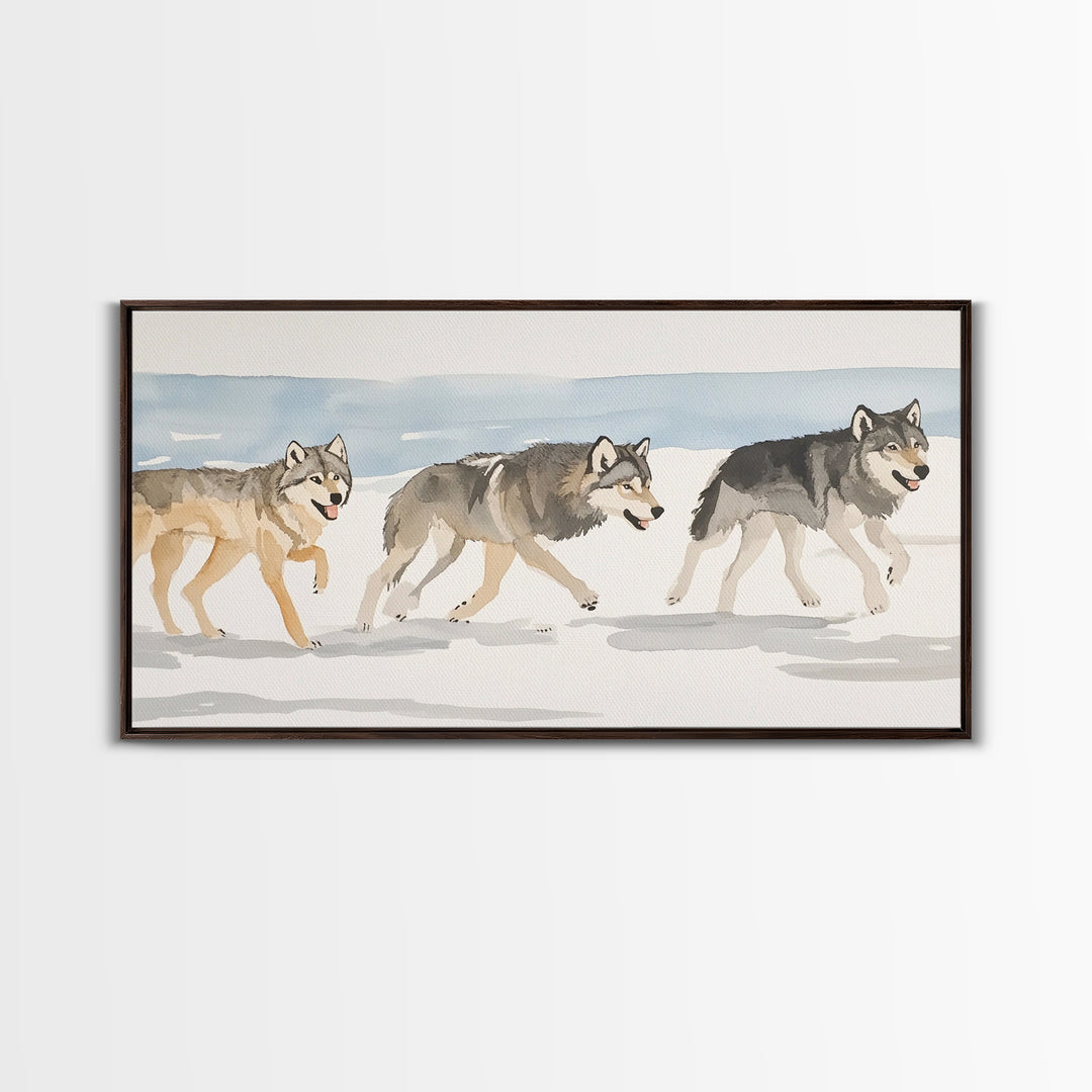 Three Running Wolves In Snow, Framed Canvas Print, Wildlife Wall Art, Rustic Cabin Decor, Winter Landscape, Gift For Him