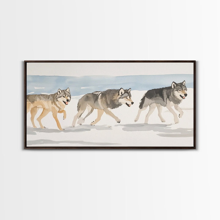 Three Running Wolves In Snow, Framed Canvas Print, Wildlife Wall Art, Rustic Cabin Decor, Winter Landscape, Gift For Him
