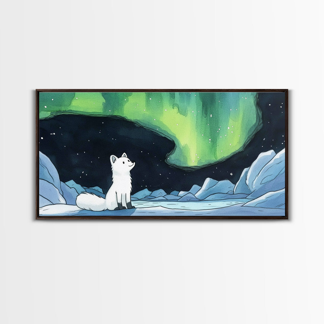 Arctic Fox Watching Green Aurora, Canvas Print, Celestial Wall Art, Icy Winter Landscape, Calming Bedroom Decor Gift For Her