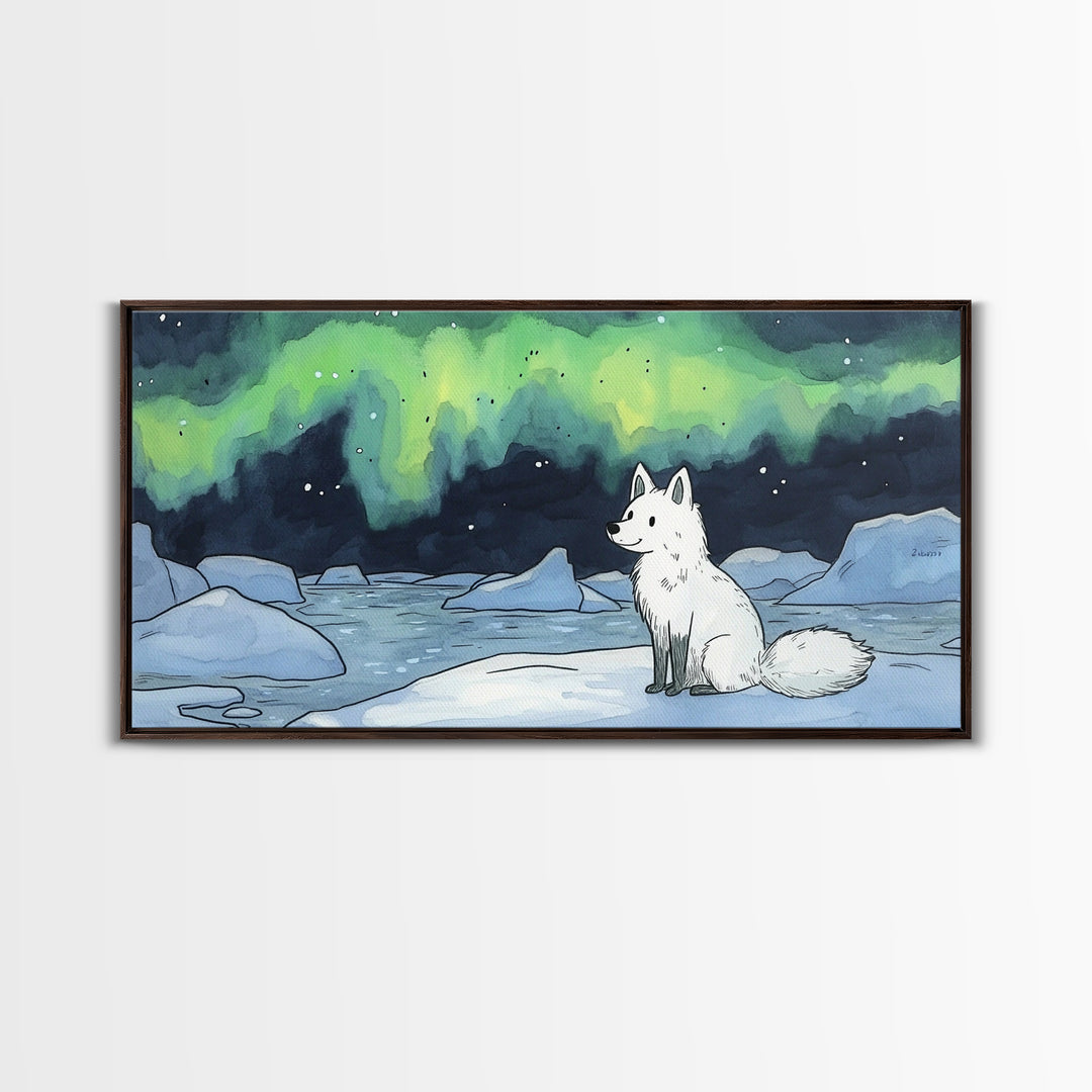 Sitting Arctic Fox On Ice Under Aurora, Canvas Print, Celestial Wall Art, Winter Coastal Decor, Calming Wildlife Gift For Her