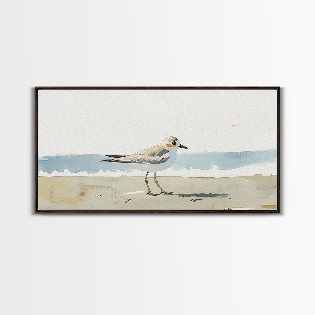 Tiny Snowy Plover Beside Gentle Surf Canvas Print, Watercolor Bird Art, Coastal Wall Art, Beach House Decor, Nature Print
