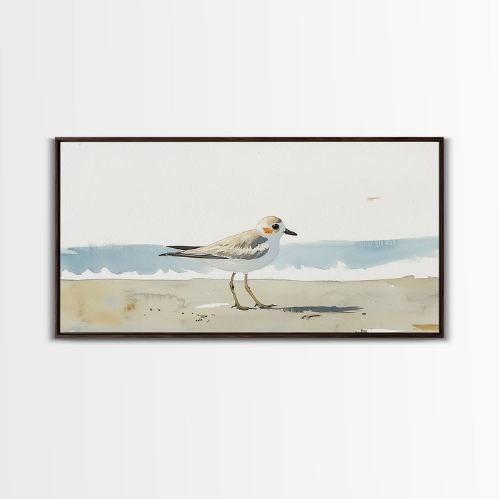 Tiny Snowy Plover Beside Gentle Surf Canvas Print, Watercolor Bird Art, Coastal Wall Art, Beach House Decor, Nature Print
