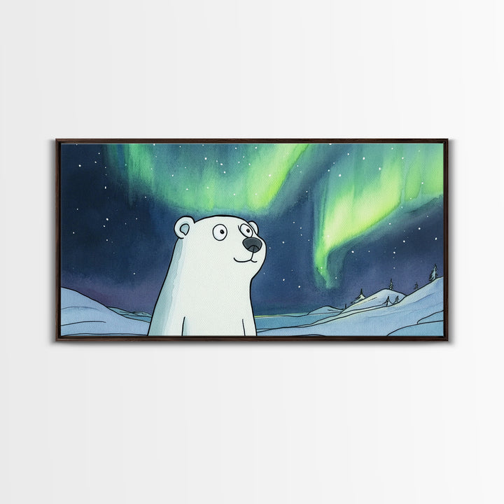 Whimsical Polar Bear Under Northern Lights Wall Art, Arctic Nursery Decor, Aurora Animal Print, Kids Room Canvas Gift, Home Decor