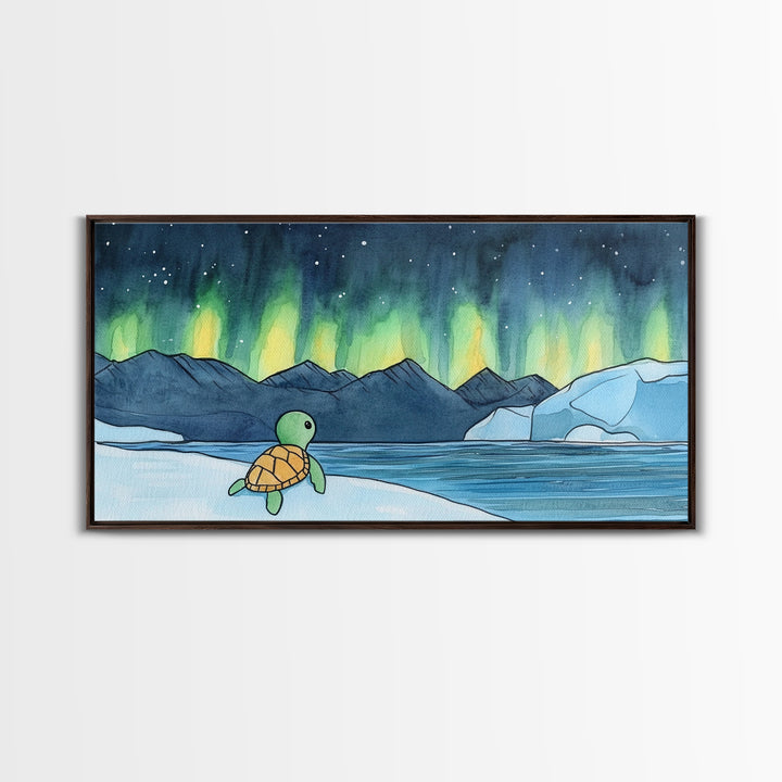 Baby Sea Turtle Watching Aurora Wall Art, Northern Lights Landscape, Arctic Ocean Nursery Decor, Whimsical Kids Room Print