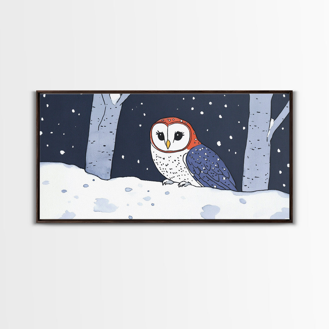 Cute Red And Blue Owl In Snow Wall Art, Woodland Nursery Decor, Whimsical Bird Print, Winter Animal Canvas For Kids Room