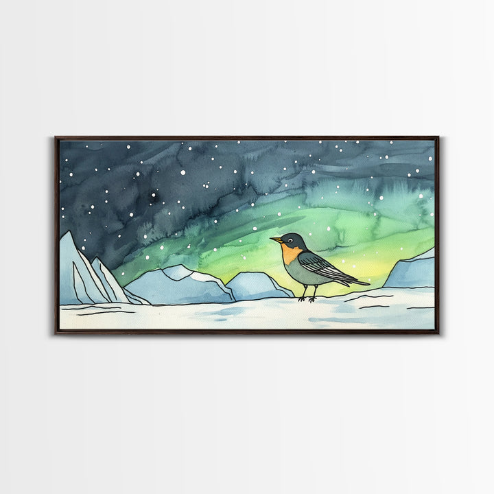 Tiny Penguin Under Northern Lights Wall Art, Arctic Ocean Canvas Print, Whimsical Nursery Decor, Winter Animal Gift For Kids Room