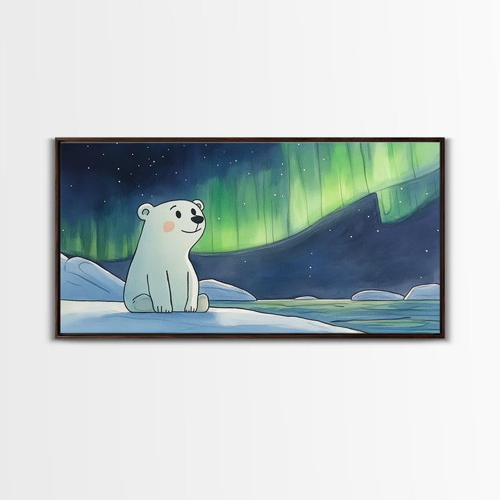 Smiling Polar Bear Under Northern Lights Canvas Print, Whimsical Arctic Nursery Decor, Kids Room Wall Art, Baby Shower Gift