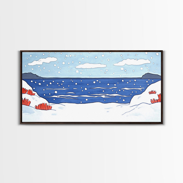 Snowy Winter Ocean With Red Grass Wall Art, Minimal Coastal Landscape Print, Scandinavian Nursery Decor, Beach House Wall Decor
