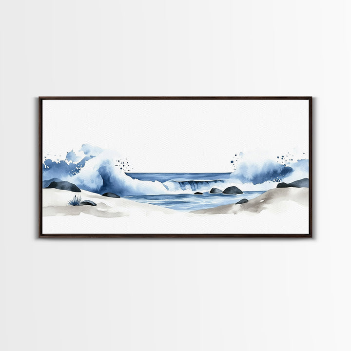 Crashing Blue Waves On Sandy Shore Canvas Print, Minimalist Ocean Wall Art, Coastal Bathroom Decor, Beach House Art Print