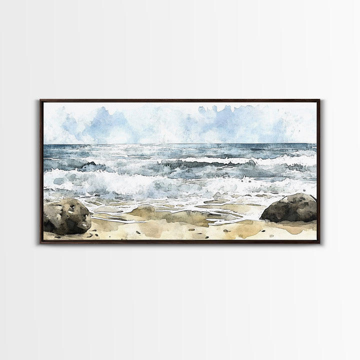 Rocky Surf And Foamy Tide Wall Art, Watercolor Ocean Painting Print, Nautical Coastal Decor, Beach House Living Room Art