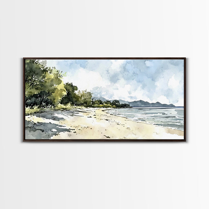 Sunny Tropical Beach With Trees Canvas Print, Coastal Landscape Wall Art, Watercolor Ocean Decor, Beach House Living Room Print
