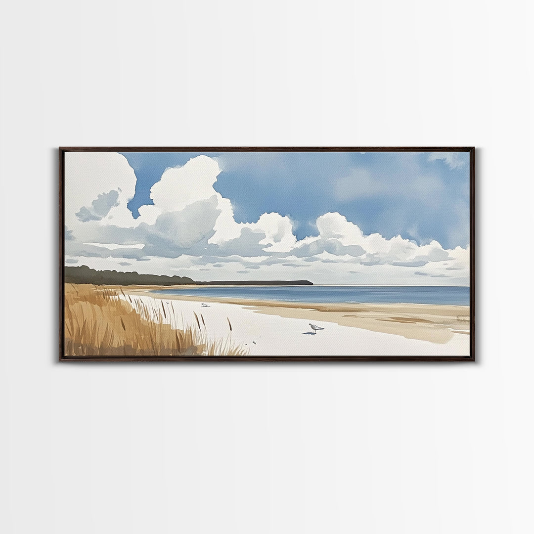 Open Sandy Beach With Big Clouds Wall Art, Soft Watercolor Seascape Print, Neutral Coastal Decor, Above Sofa Living Room Art