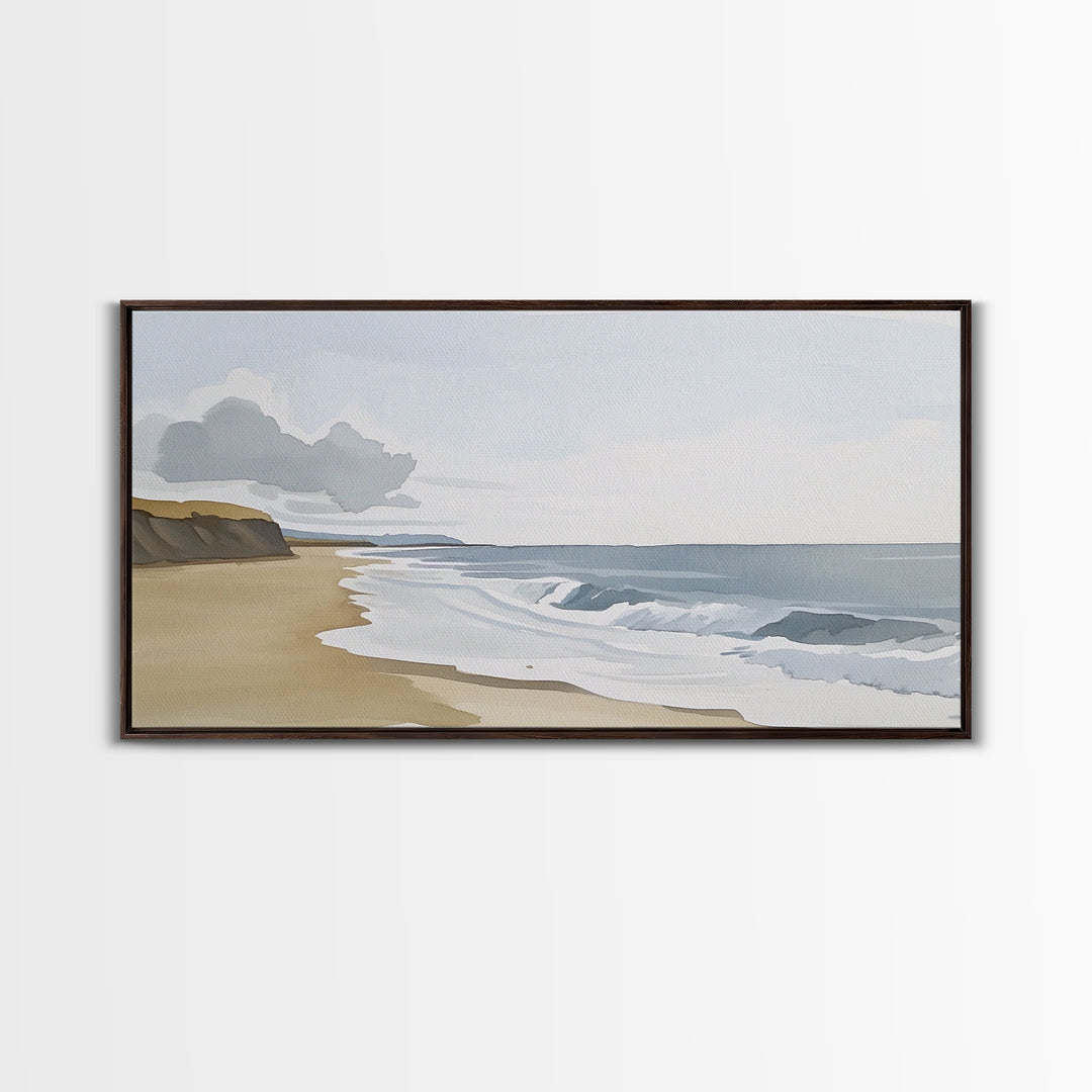 Quiet Shoreline With Rolling Waves Canvas Print, Minimalist Coastal Wall Art, Serene Beach Decor, Neutral Living Room Wall Art