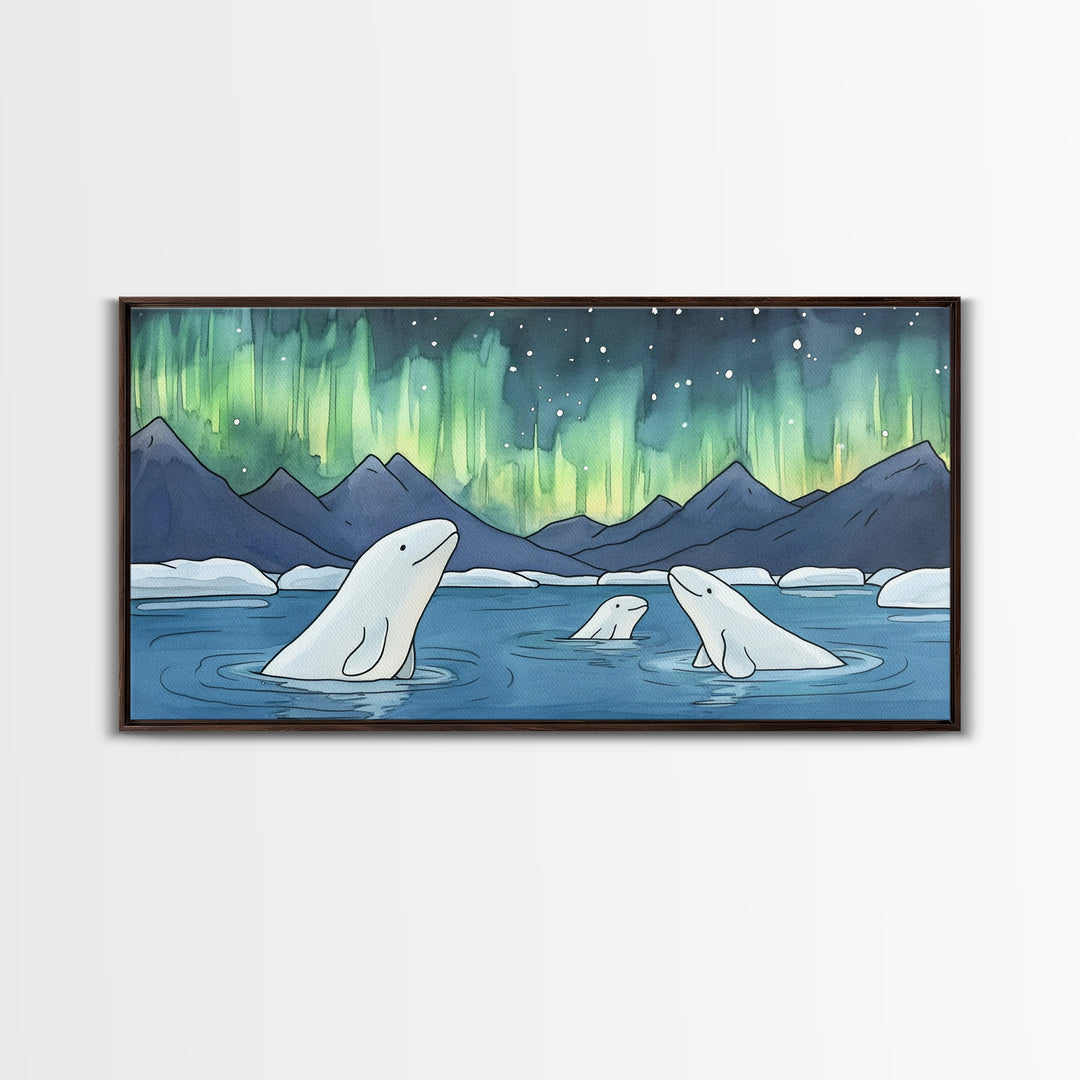 Beluga Whales Under Aurora Framed Canvas Print, Arctic Ocean Wildlife Wall Art, Nursery Decor, Kids Room Animal Art Prints