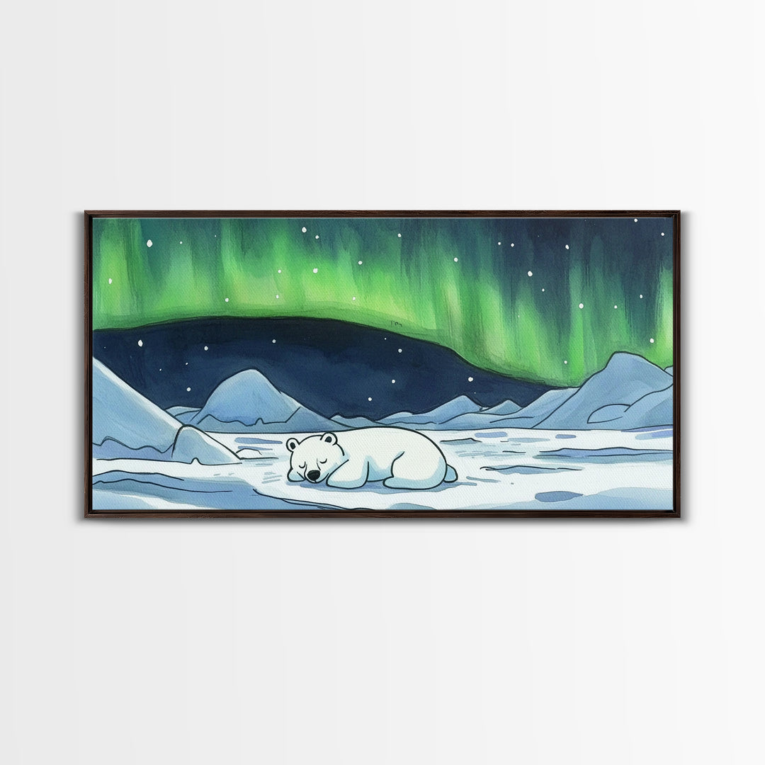 Polar Bear Under Green Aurora Wall Art, Arctic Animal Nursery Decor, Winter Landscape Art Print, Kids Room Decor Baby Gift