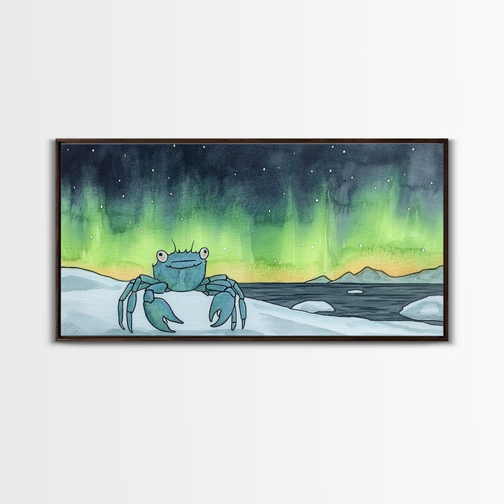 Blue Crab Under Green Aurora Wall Art, Coastal Animal Print, Ocean Nursery Decor, Whimsical Bathroom Wall Decor Gift For Her