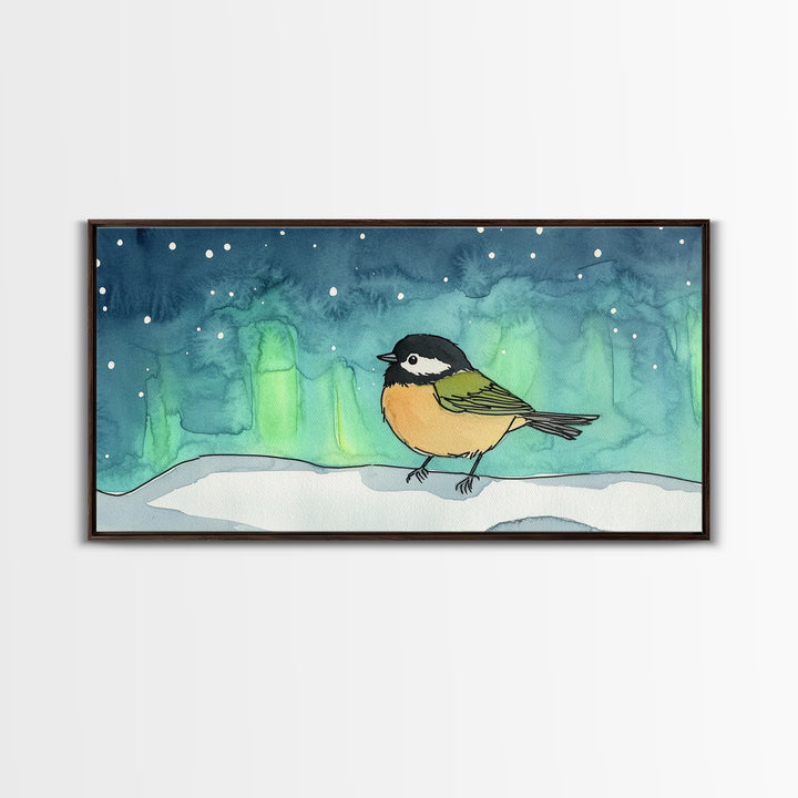 Chickadee Under Northern Lights Wall Art, Whimsical Bird Art Print, Celestial Nursery Decor, Kids Room Decor, Winter Wall Art