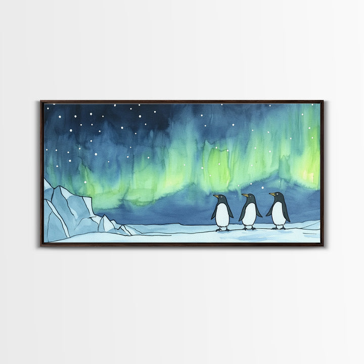 Penguins Walking Under Aurora Canvas Print, Arctic Animal Wall Art, Whimsical Nursery Decor, Kids Room Art, Coastal Wall Decor