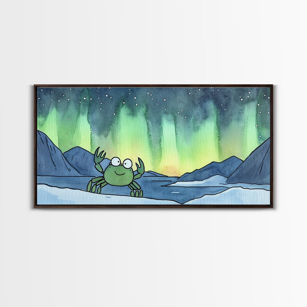 Cheerful Crab Under Northern Lights Wall Art, Whimsical Ocean Art Print, Coastal Nursery Decor, Kids Room Decor, Animal Wall Art