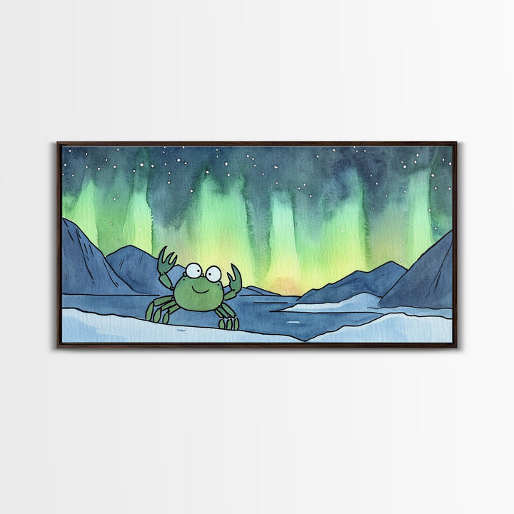Cheerful Crab Under Northern Lights Wall Art, Whimsical Ocean Art Print, Coastal Nursery Decor, Kids Room Decor, Animal Wall Art