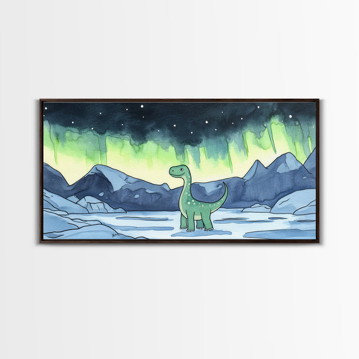 Friendly Loch Ness Dinosaur Under Aurora Wall Art, Whimsical Fantasy Art Print, Kids Room Decor, Nursery Wall Art, Lake Wall Art