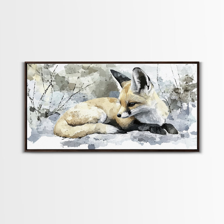 Resting Fennec Fox In Snow Watercolor Wall Art, Winter Wildlife Painting, Woodland Animal Decor, Nature Art Print Gift Idea