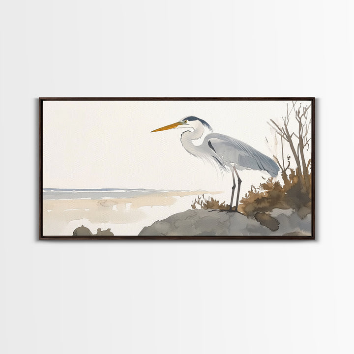 Coastal Great Blue Heron Wall Art, Serene Beach Landscape Watercolor, Nautical Bird Print, Beach House Living Room Decor