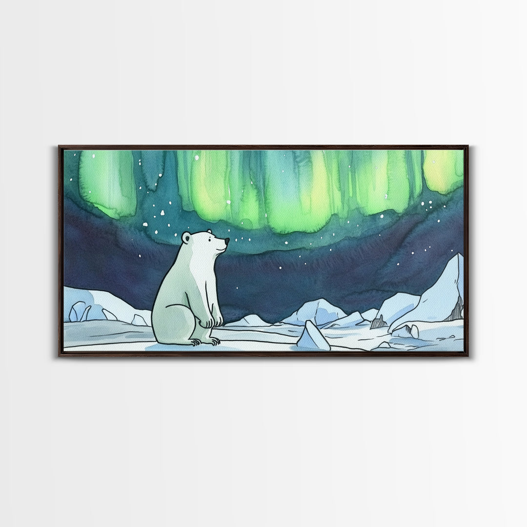 Polar Bear Northern Lights Canvas Print, Arctic Wildlife Wall Art, Aurora Borealis Nursery Decor, Whimsical Kids Room Gift