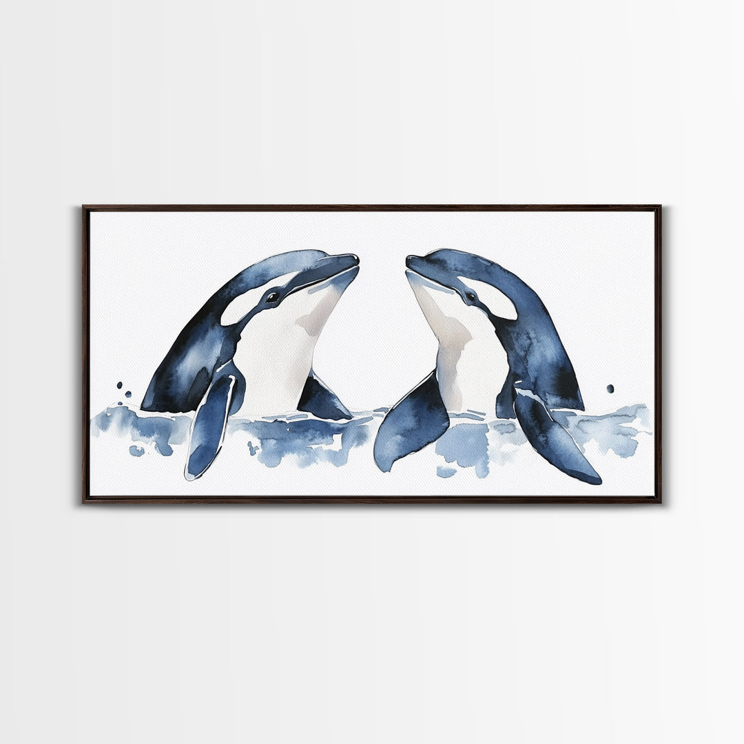 Two Orca Whales Rising From Blue Water Canvas Print, Minimalist Ocean Animal Wall Art, Coastal Nursery Decor, Gift For Her