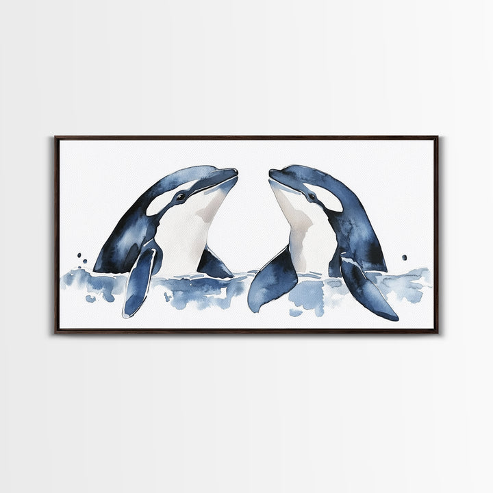 Two Orca Whales Rising From Blue Water Canvas Print, Minimalist Ocean Animal Wall Art, Coastal Nursery Decor, Gift For Her