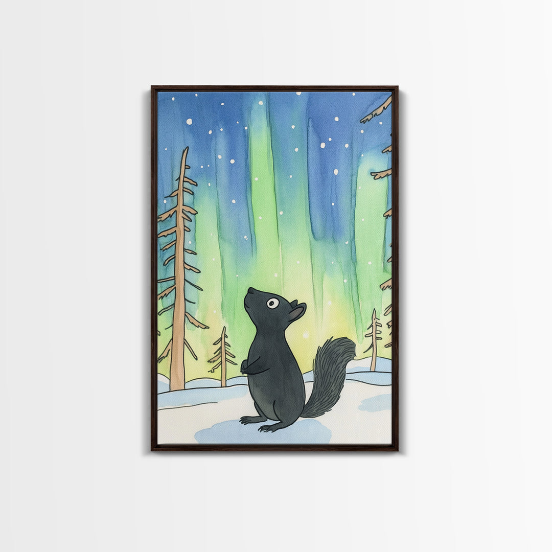 Whimsical Black Squirrel Aurora Wall Art, Northern Lights Nursery Decor, Woodland Animal Print, Winter Forest Kids Room Art
