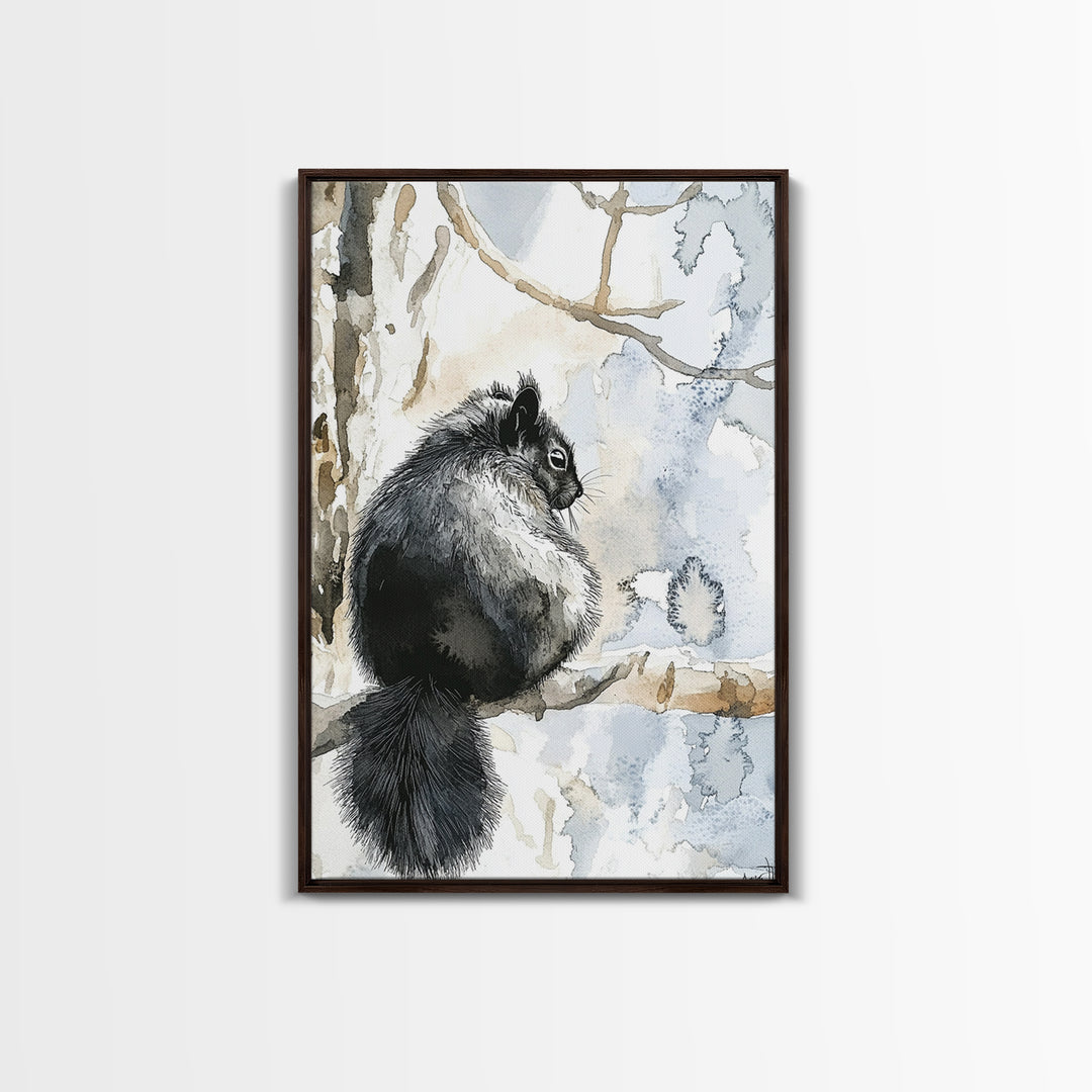 Black Squirrel Winter Branch Wall Art, Watercolor Wildlife Print, Rustic Nature Decor, Woodland Animal Art, Cabin Poster