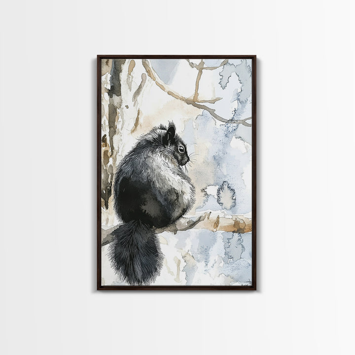Black Squirrel Winter Branch Wall Art, Watercolor Wildlife Print, Rustic Nature Decor, Woodland Animal Art, Cabin Poster
