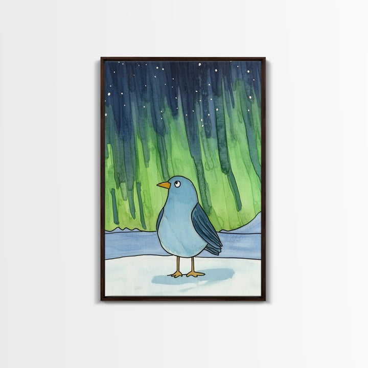 Whimsical Blue Bird Aurora Wall Art, Northern Lights Winter Decor, Nursery Animal Print, Kids Room Art, Celestial Poster