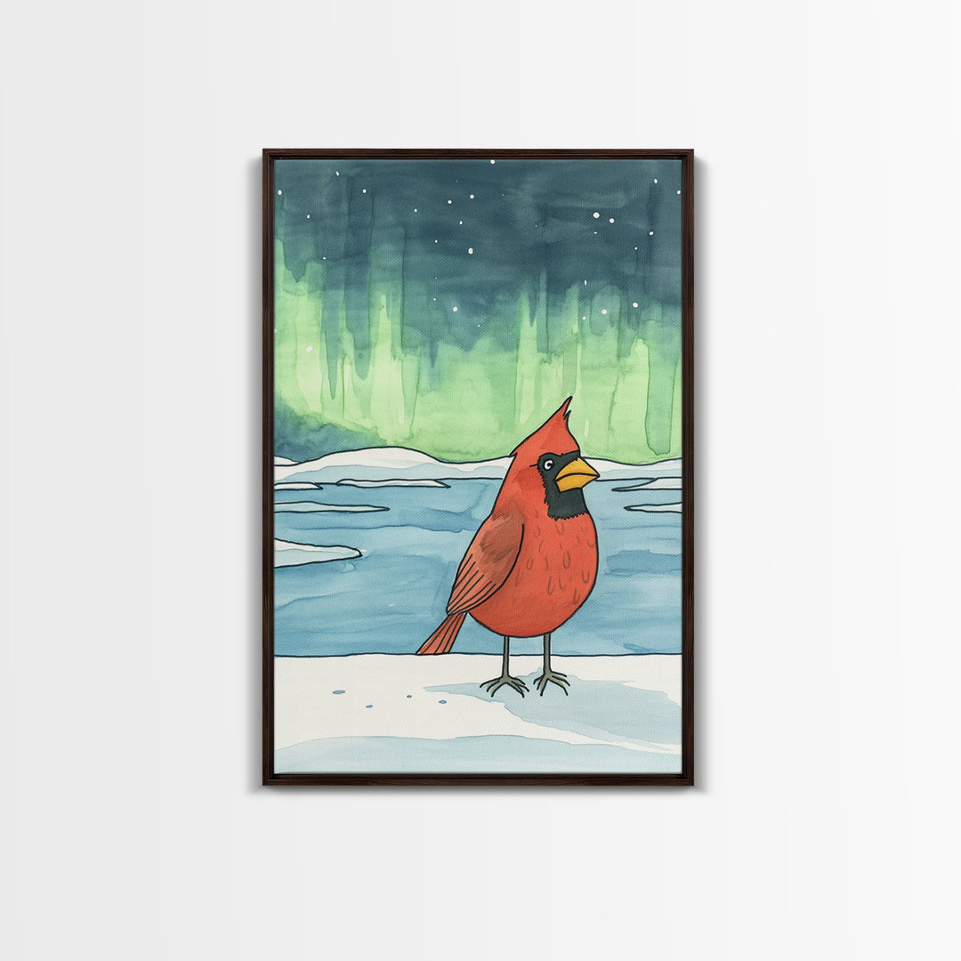 Cardinal Under Northern Lights Canvas Print, Winter Landscape Wall Art, Bird Art Print, Cozy Cabin Decor, Christmas Gift For Her