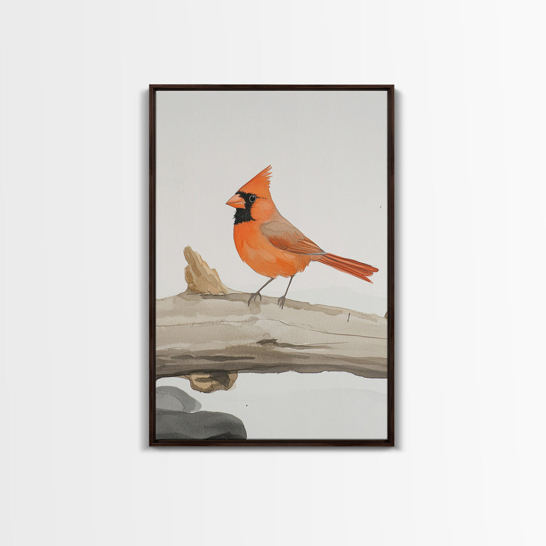 Bright Cardinal On Weathered Log Canvas Print, Winter Bird Wall Art, Rustic Nature Decor, Farmhouse Wall Decor, Gift For Her