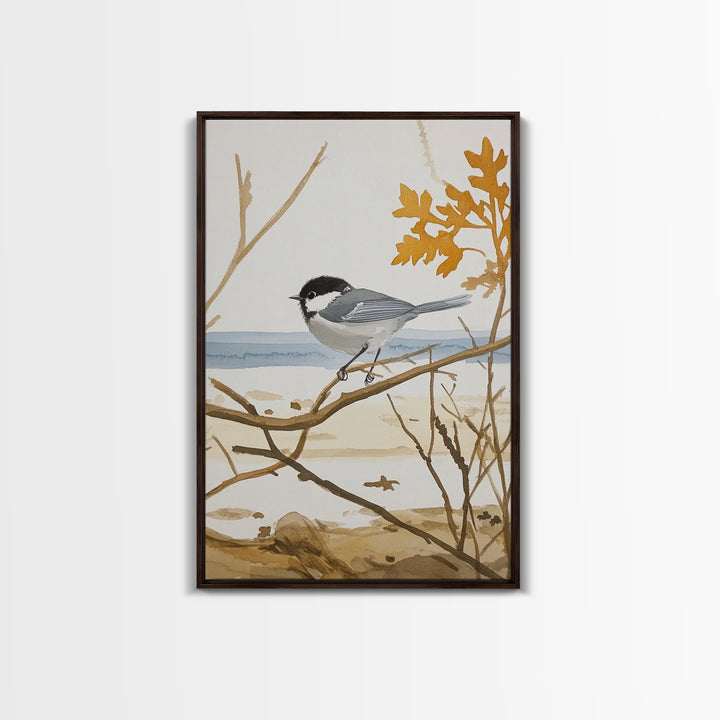 Coastal Chickadee On Driftwood Branch Wall Art, Beach House Decor, Nautical Nature Print, Bird Art Print, Serene Seaside Decor
