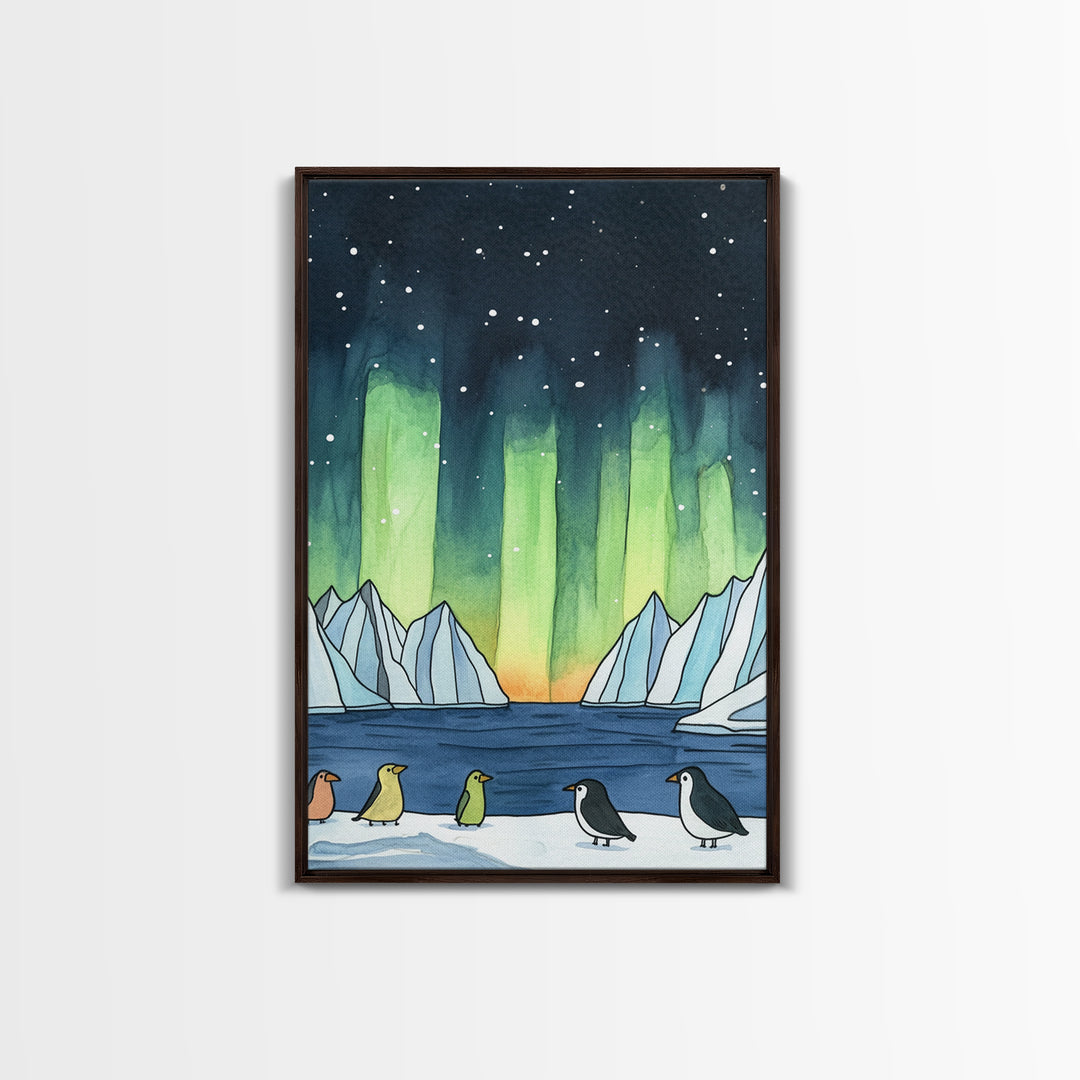Penguins Under Northern Lights Canvas Print, Aurora Borealis Wall Decor, Arctic Animal Art, Kids Room Decor, Whimsical Nursery Art