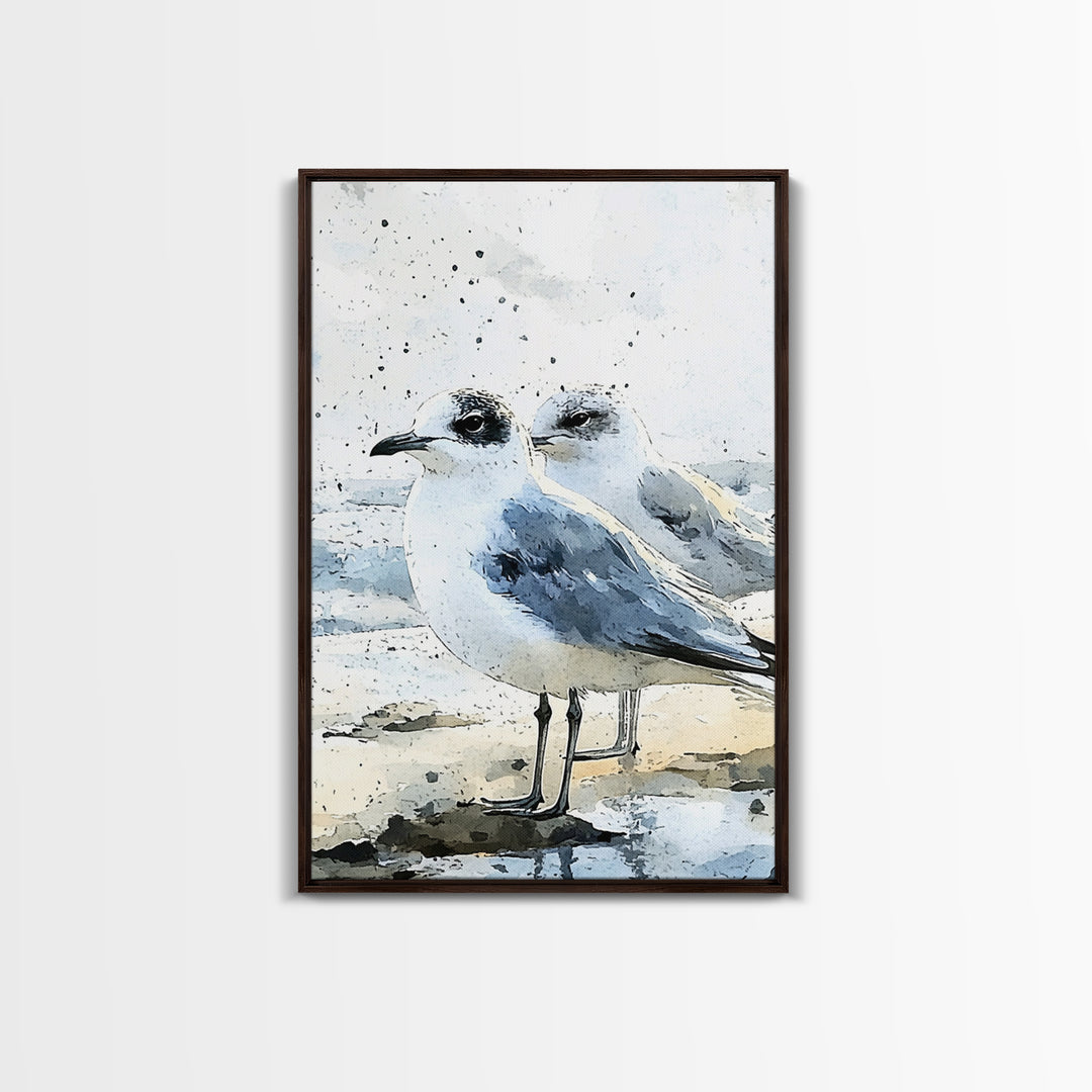 Two Seagulls On Sandy Beach Framed Canvas Print, Coastal Wall Art, Ocean Decor, Nautical Art Print, Beach House Decor Gift