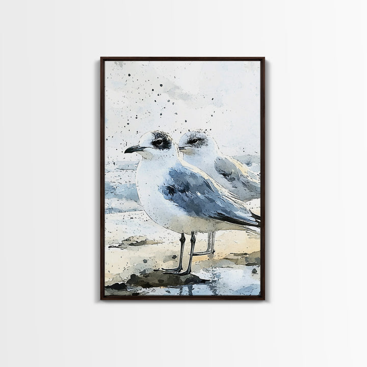Two Seagulls On Sandy Beach Framed Canvas Print, Coastal Wall Art, Ocean Decor, Nautical Art Print, Beach House Decor Gift
