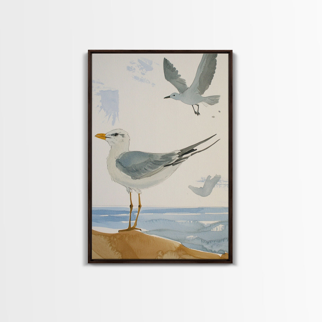 Minimal Seagulls Above Ocean Dune Canvas Print, Coastal Wall Art, Beach House Decor, Nautical Bird Print, Serene Bathroom Decor