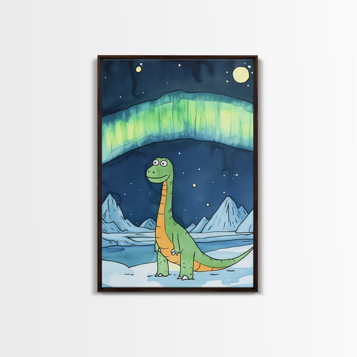 Cute Green Dinosaur Under Northern Lights Wall Art, Whimsical Nursery Decor, Kids Room Art, Arctic Adventure Canvas Print