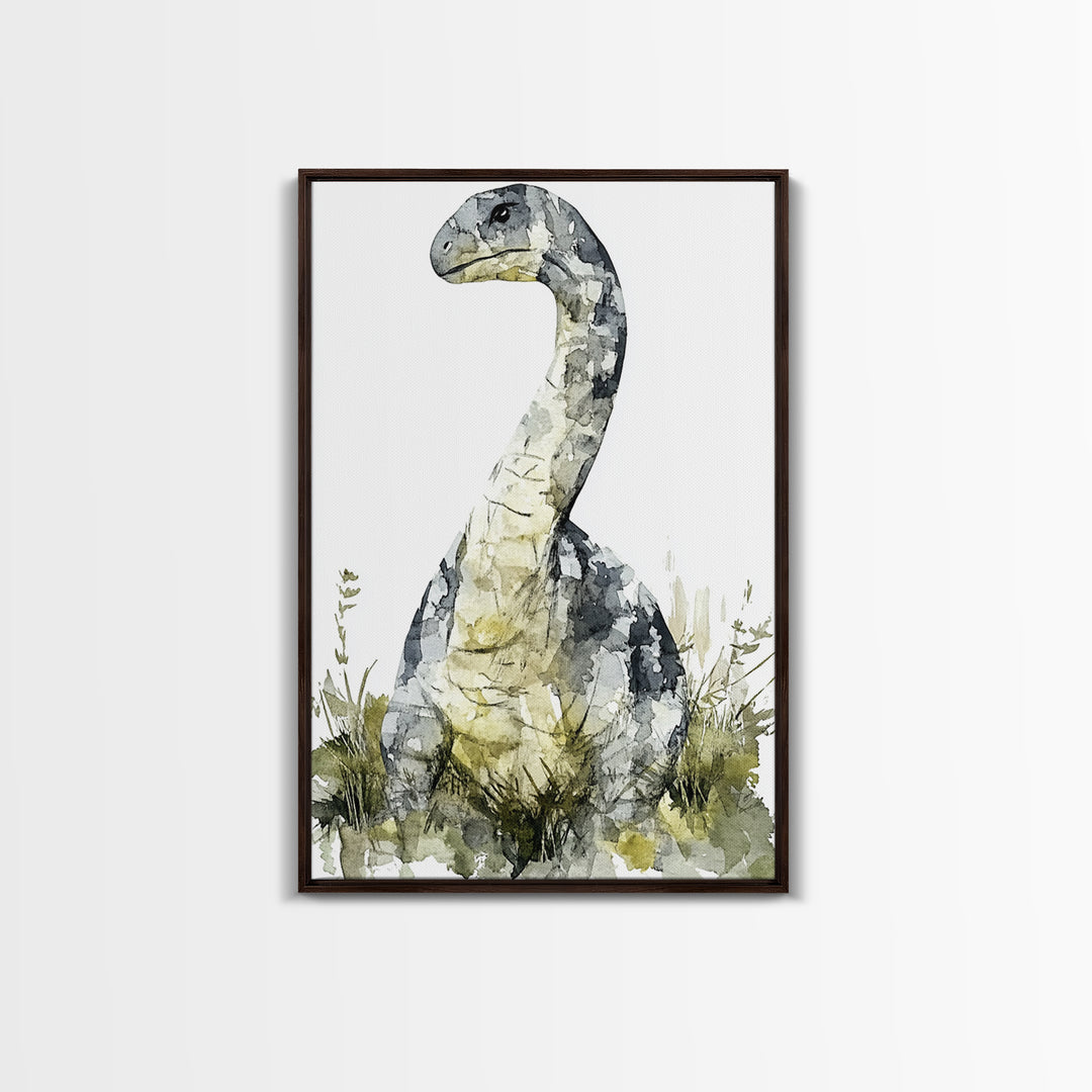 Gentle Long Neck Dinosaur Watercolor Wall Art, Neutral Nursery Decor, Animal Art Print, Kids Room Canvas Print, Baby Gift